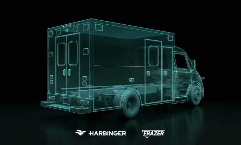 Wireframe-style ambulance illustration with Harbinger and Frazer logos.
