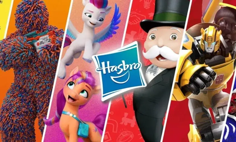 Hasbro product lineup featuring Furby, My Little Pony, Monopoly, Transformers, and Marvel.