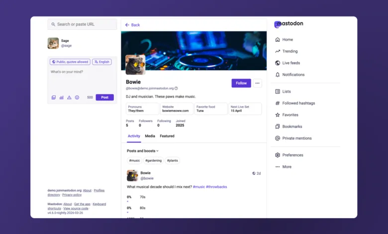 Mastodon social media interface showing user profiles and posts.