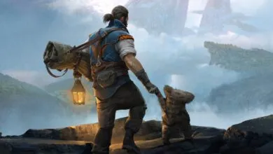 Man with lantern helps small creature climb rocks in fantasy landscape.