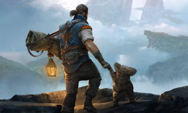Man with lantern helps small creature climb rocks in fantasy landscape.