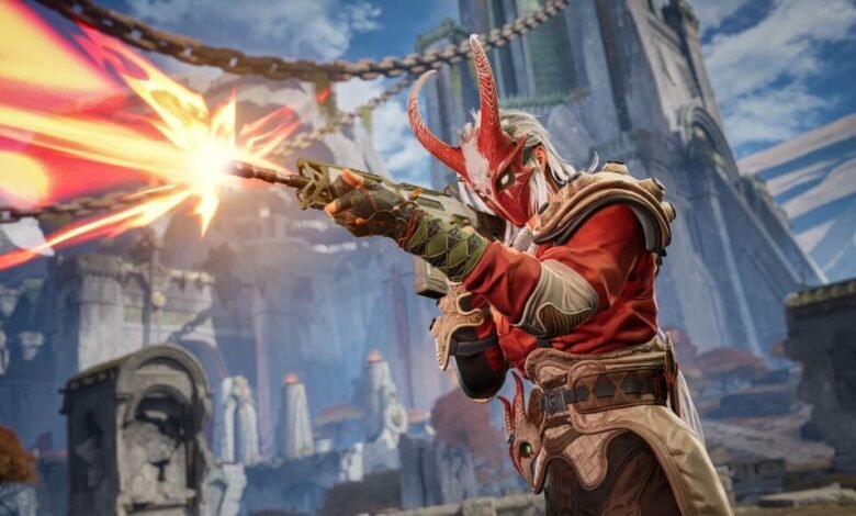 Character with a mask firing a weapon in a fantasy landscape.