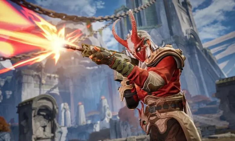 Character with a mask firing a weapon in a fantasy landscape.