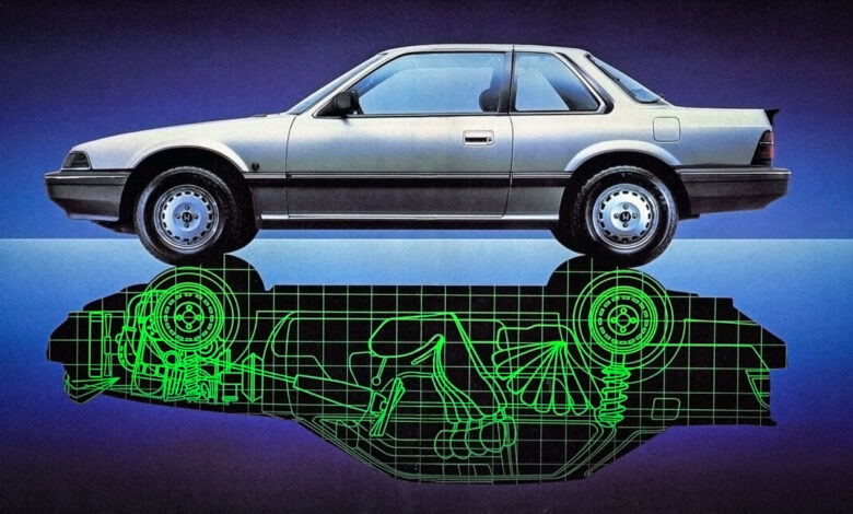 Silver Honda Prelude with a green wireframe diagram beneath it.