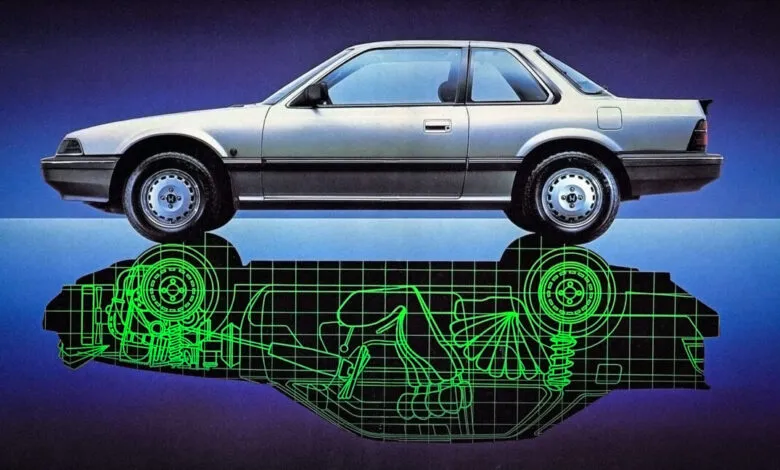 Silver Honda Prelude with a green wireframe diagram beneath it.