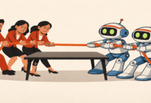 Humans and robots in tug-of-war, symbolizing AI competition.
