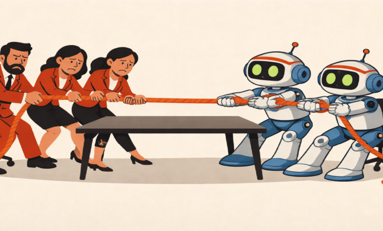 Humans and robots in tug-of-war, symbolizing AI competition.