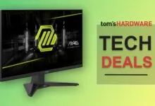 MSI gaming monitor displaying a neon green logo and 'Tom's Hardware Tech Deals' graphic.