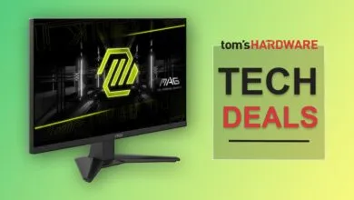MSI gaming monitor displaying a neon green logo and 'Tom's Hardware Tech Deals' graphic.