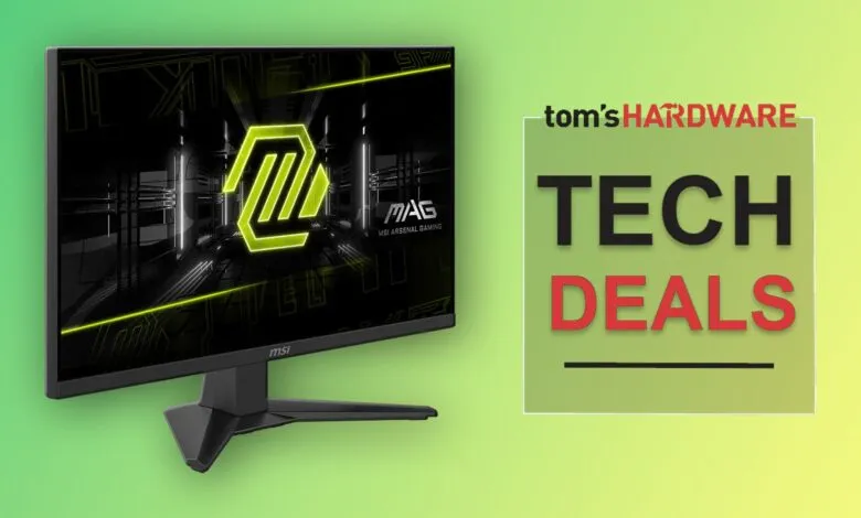 MSI gaming monitor displaying a neon green logo and 'Tom's Hardware Tech Deals' graphic.