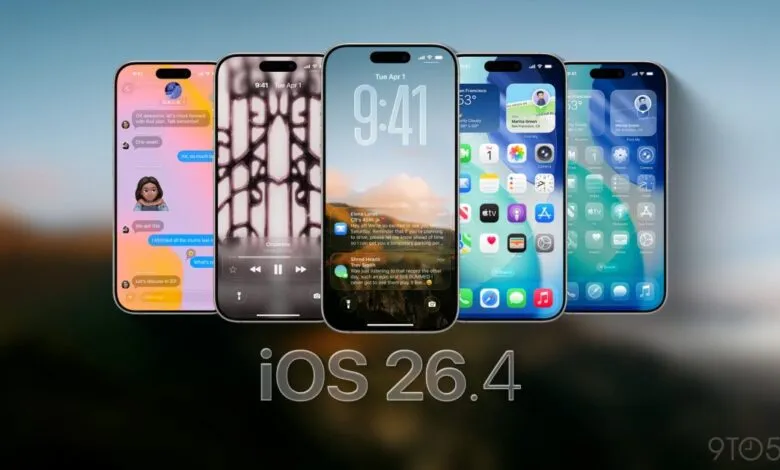 Five iPhones displaying different iOS 26.4 features against a blurred background.