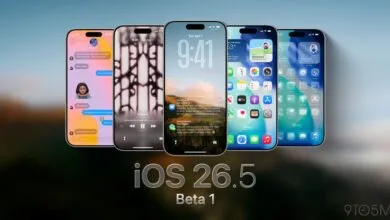 iOS 26.5 Beta 1 displayed on five iPhones showing various app screens.