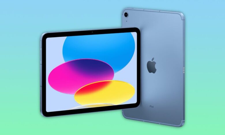 Two blue iPads, one showing a colorful screen, against a gradient background.