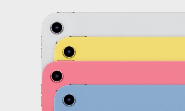 Four iPads stacked showing different colors: white, yellow, pink, and blue.