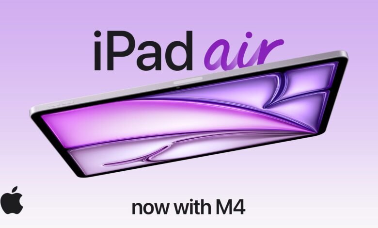 Silver iPad Air floating with a purple abstract wallpaper on the screen.