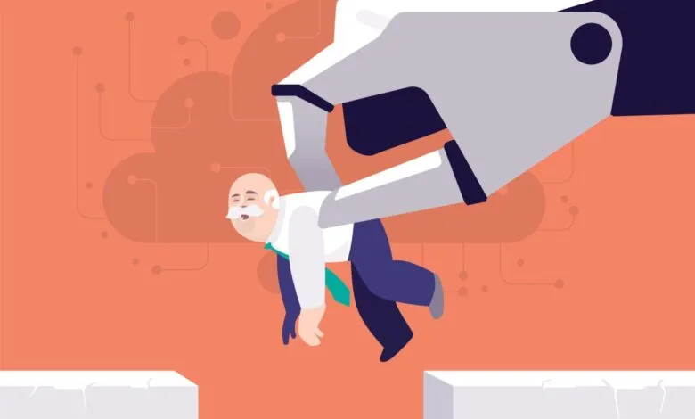 Robot arm lifting man over a gap, symbolizing job displacement.