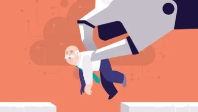 Robot arm lifting man over a gap, representing job displacement.