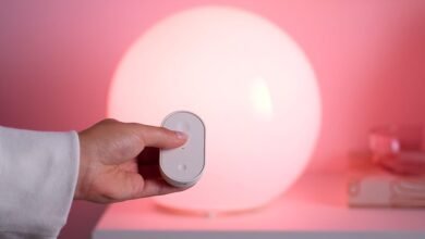 Hand holding remote controlling a round, glowing lamp.