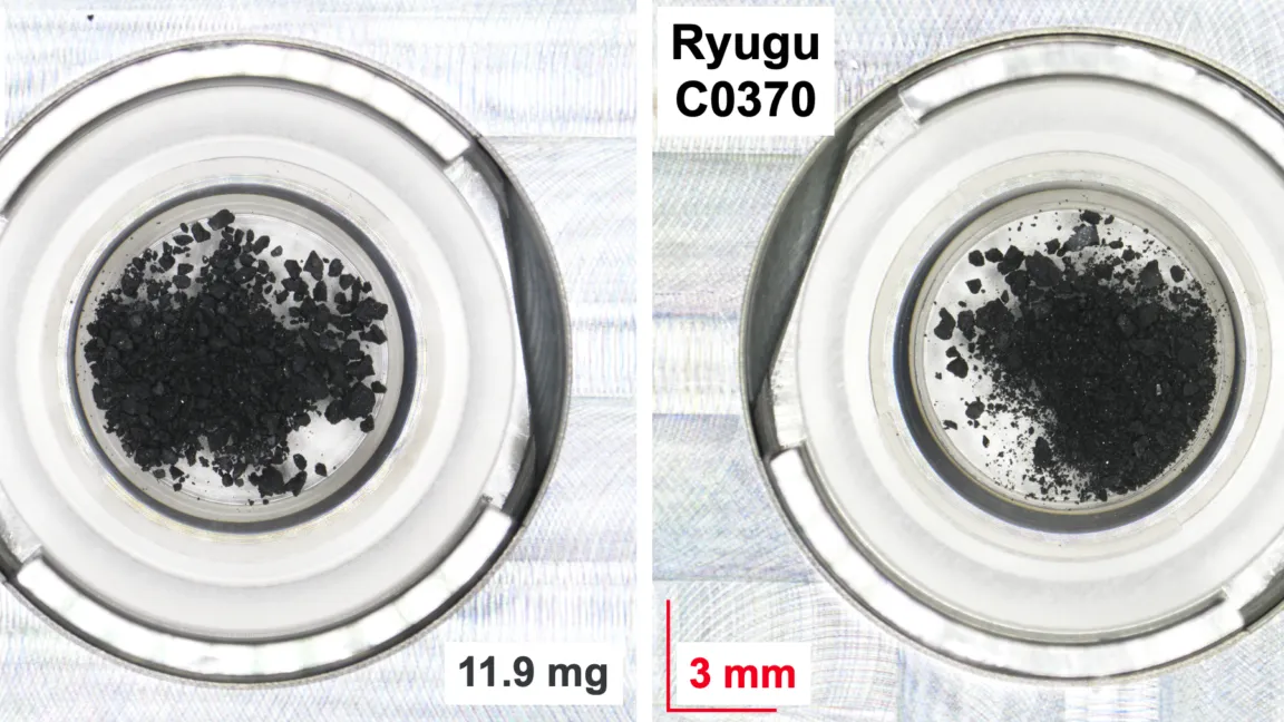 Two containers hold dark, granular samples labeled Ryugu C0370, with scale and mass indicated.