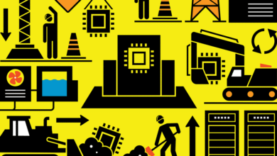 Graphic illustration of semiconductor manufacturing process with icons.