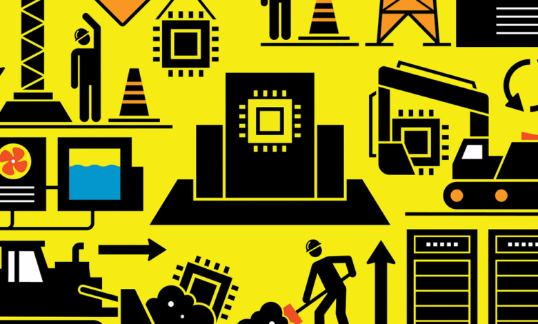 Graphic illustration of semiconductor manufacturing process with icons.