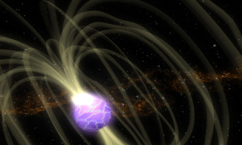 Illustration of a pulsar with a purple cracked surface and glowing magnetic field lines.