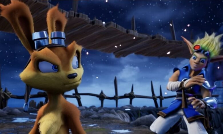 Daxter and Jak from the Jak and Daxter video game series stand against a starry night sky.