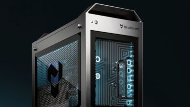 Tenstorrent computer case with custom water cooling and logo.