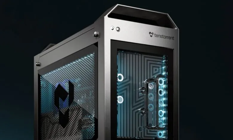 Tenstorrent computer case with custom water cooling and logo.