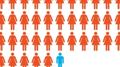 Rows of female icons, one male icon in blue, symbolizing gender imbalance.