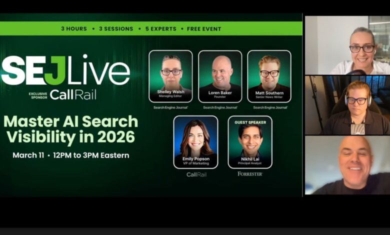 SEJ Live event featuring speakers Shelley Walsh, Loren Baker, and Nikhil Lai.