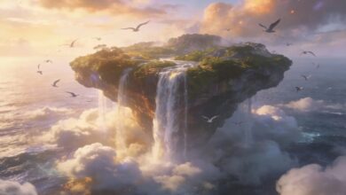 Floating island with waterfalls and birds, surrounded by clouds and ocean.