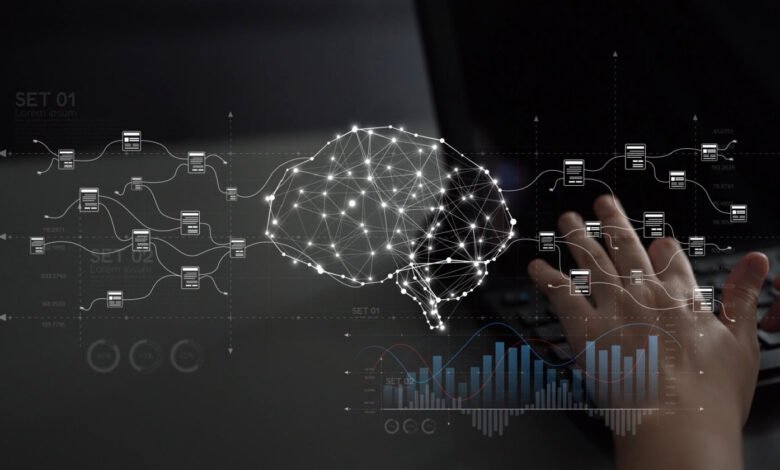 AI brain graphic overlayed on hands typing on a laptop keyboard.