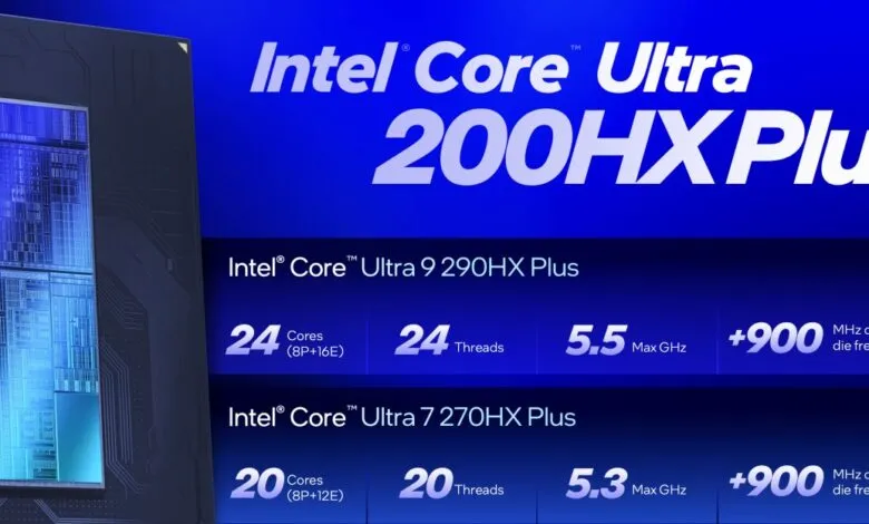 Intel Core Ultra 200HX Plus processor specs and die layout.