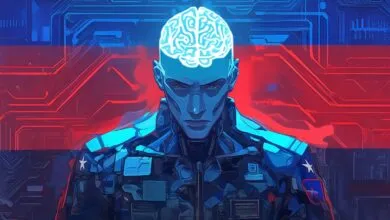 Futuristic soldier with glowing brain, red and blue circuit background.