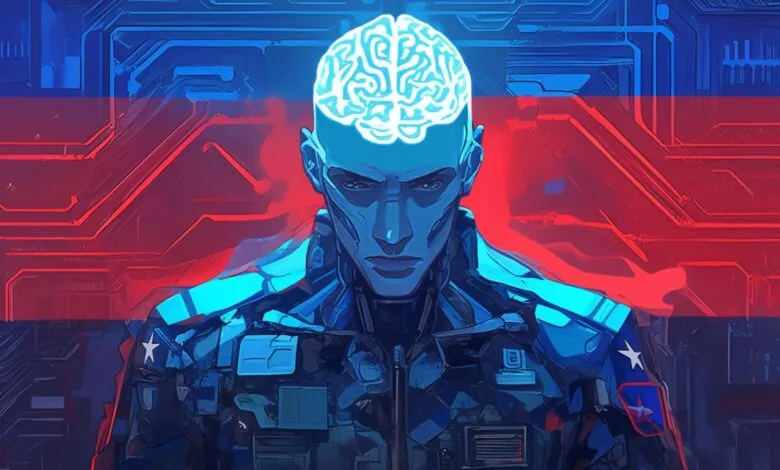 Futuristic soldier with glowing brain, red and blue circuit background.