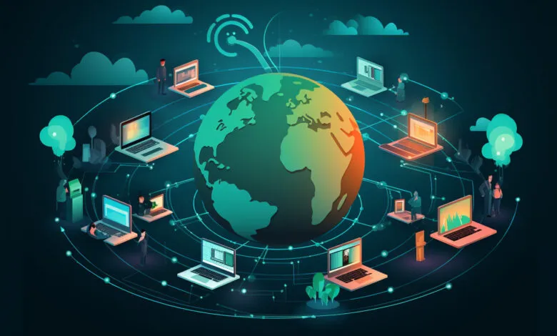 Global network illustration with laptops connected to Earth.