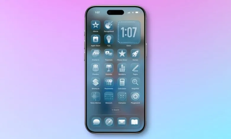 iPhone screen showing app icons and a clock widget, all in a frosted glass style.