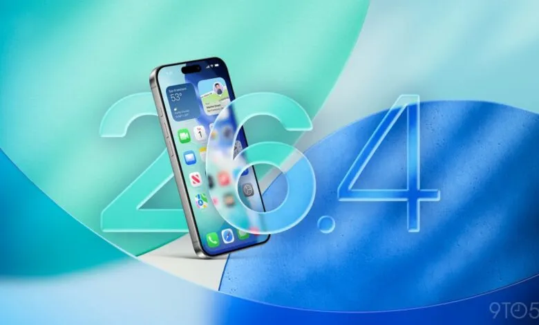 iPhone displaying iOS 26.4 with widgets on a blue and teal background.