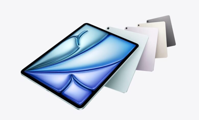 Multiple new iPad Air tablets in different colors displayed on a white background.