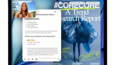iPad screen showing a video call and presentation notes side-by-side.