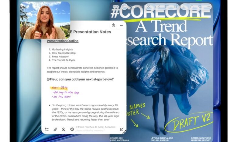 iPad screen showing a video call and presentation notes side-by-side.
