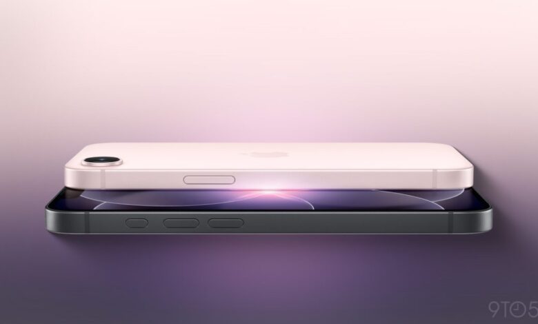 Two iPhones stacked, one pink and one gray, on a gradient background.