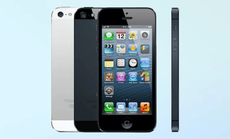 Three iPhone 5 models in silver, black, and side view against a light blue background.