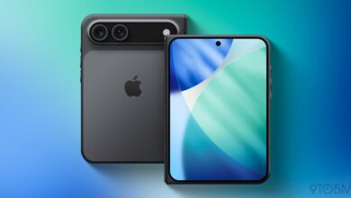 Mockup of a foldable iPhone with a dual-camera system and Apple logo.