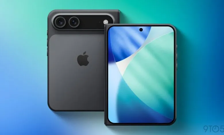 Mockup of a foldable iPhone with a dual-camera system and Apple logo.