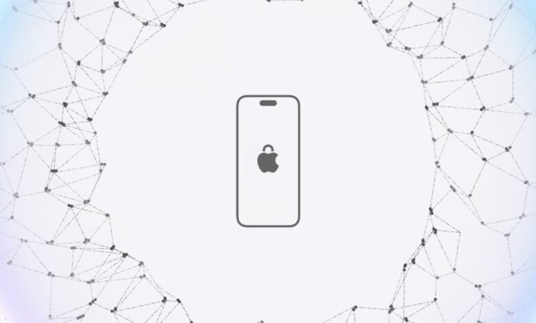 Stylized iPhone with Apple logo lock screen, surrounded by network graphic.