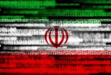 Iranian flag overlaid with green and white binary code for a digital effect.