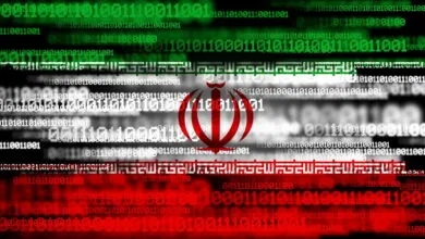 Iranian flag overlaid with green and white binary code for a digital effect.