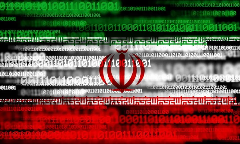 Iranian flag overlaid with green and white binary code for a digital effect.